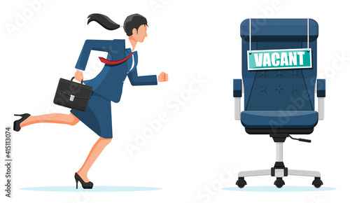 Office chair, sign vacancy. Employee with briefcase. Hiring and recruiting. Human resources management, searching professional staff, work. Found right resume. Flat vector illustration