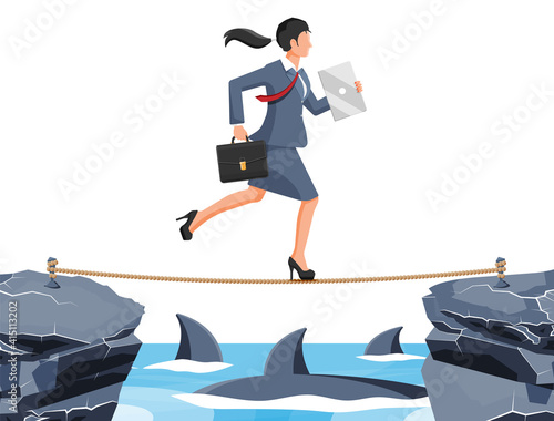 Businesswoman walking a tightrope over shark in water. Business woman in suit walking on rope with briefcase. Obstacle on road, financial crisis. Risk management challenge. Flat vector illustration