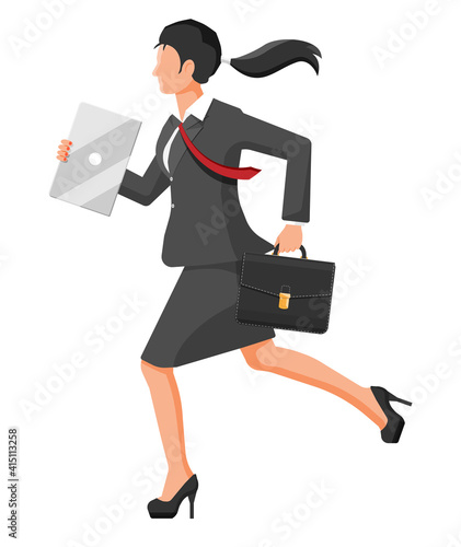 Businesswoman is fast running with waving necktie and briefcase. Business woman rushing hurry to get on time. Time is money concept. Work late or overtime. Flat vector illustration