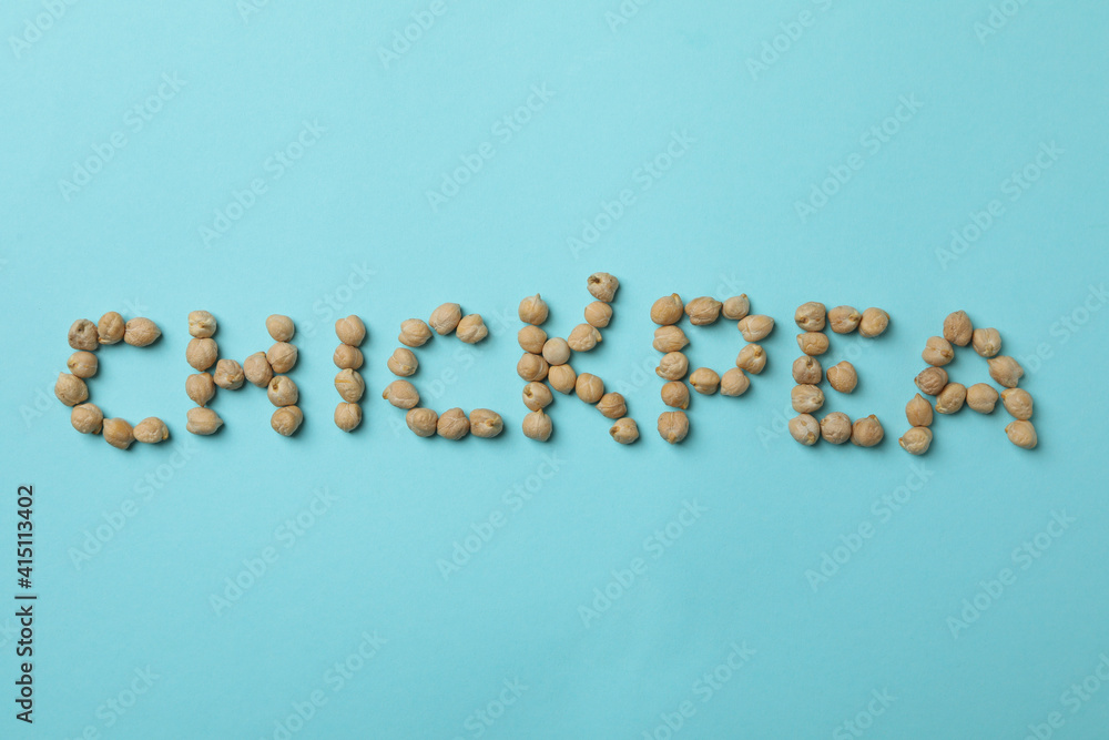 Text Chickpea made of chickpea on blue background Text Chickpea made of chickpea on blue background