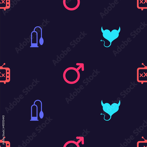 Set Devil heart with horns, Penis pump, Male gender symbol and Sex tv old television on seamless pattern. Vector.