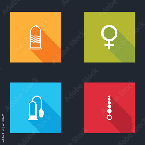 Set Condom safe sex, Female gender symbol, Penis pump and Anal beads icon. Vector.