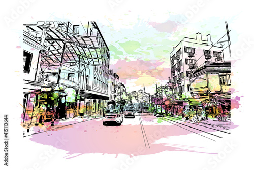 Building view with landmark of Bursa is a city in northwestern Turkey. Watercolour splash with hand drawn sketch illustration in vector.