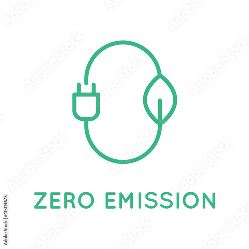 Zero emission sign, logo, symbol. Stylized number zero with a leaf and a plug. Sustainable industry and transportation. CO2 neutral concept. Clean energy. Vector illustration, line icon, flat,clip art