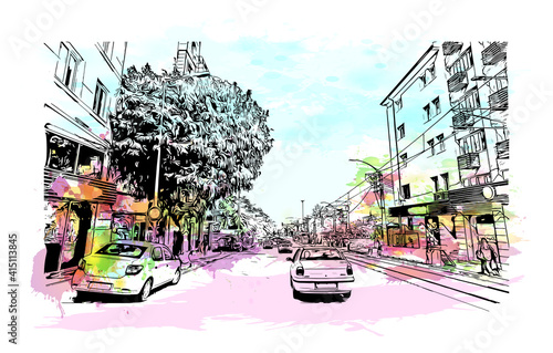 Building view with landmark of Bursa is a city in northwestern Turkey. Watercolour splash with hand drawn sketch illustration in vector.