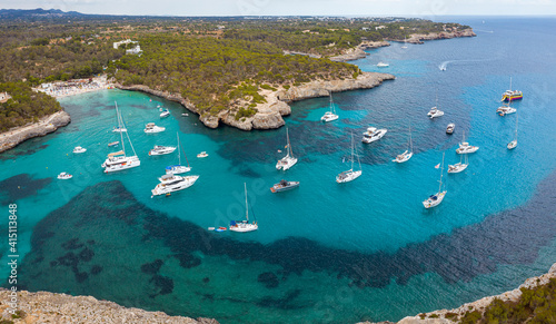 An aerial panorama of Cala Mondrago on Mallorca island in Spain