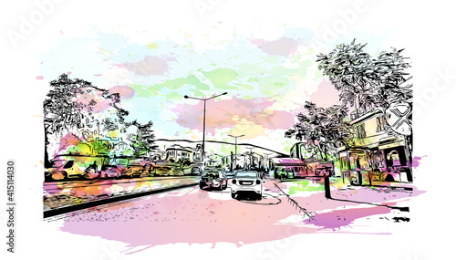 Building view with landmark of Bursa is a city in northwestern Turkey. Watercolour splash with hand drawn sketch illustration in vector.