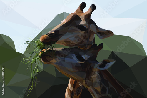 Geometrical illustration of two African Giraffes eating branches and leaves