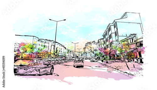 Building view with landmark of Bursa is a city in northwestern Turkey. Watercolour splash with hand drawn sketch illustration in vector.