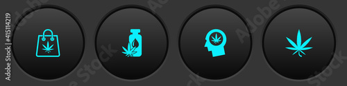 Set Shopping bag of marijuana, Marijuana or cannabis leaf oil, Head profile with and icon. Vector.