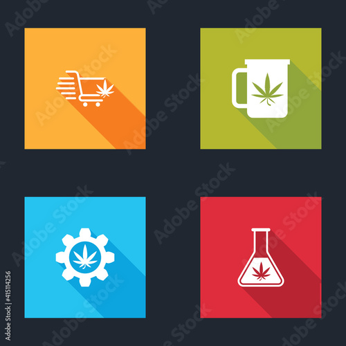 Set Shopping cart with marijuana, Cup tea, Test tube and icon. Vector.