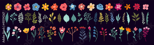 Set of beautiful romantic floral elements. Flower, roses and green leaves isolated on background. Vector arrangements for greeting cards or invitation design, floral poster.