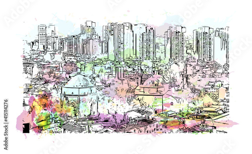 Building view with landmark of Bursa is a city in northwestern Turkey. Watercolour splash with hand drawn sketch illustration in vector.