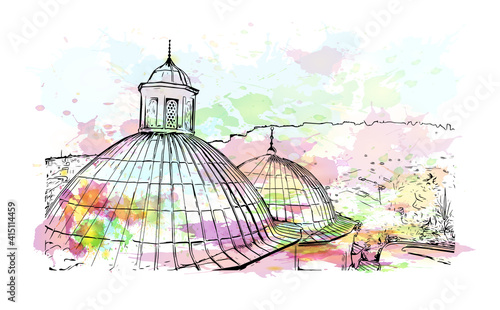 Building view with landmark of Bursa is a city in northwestern Turkey. Watercolour splash with hand drawn sketch illustration in vector.