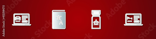 Set Online car sharing, Translator book, Airline ticket and hotel booking icon. Vector.