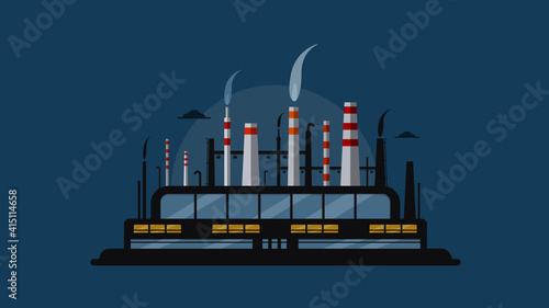Night factory with smokestacks - vector