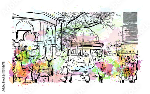 Building view with landmark of Bursa is a city in northwestern Turkey. Watercolour splash with hand drawn sketch illustration in vector.