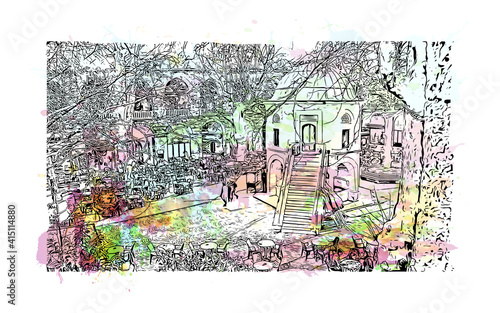 Building view with landmark of Bursa is a city in northwestern Turkey. Watercolour splash with hand drawn sketch illustration in vector.
