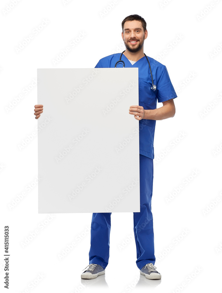 healthcare, profession and medicine concept - happy smiling male doctor or nurse in blue uniform with big board over white background healthcare, profession and medicine concept - happy smiling male doctor or nurse in blue uniform with big board over white background