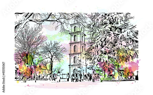 Building view with landmark of Bursa is a city in northwestern Turkey. Watercolour splash with hand drawn sketch illustration in vector.