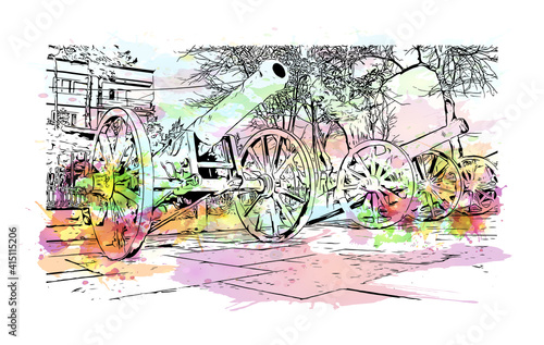 Building view with landmark of Bursa is a city in northwestern Turkey. Watercolour splash with hand drawn sketch illustration in vector.
