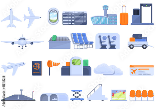 Airlines icons set. Cartoon set of airlines vector icons for web design
