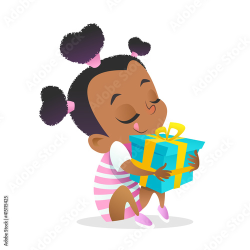 Cute Dark skin Baby girl character huge gift box isolated vector. Lovely child sit and dreaming. Happy dark skin African Brazilian French kid with cute ponytails	
Категория