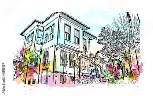 Building view with landmark of Bursa is a city in northwestern Turkey. Watercolour splash with hand drawn sketch illustration in vector.