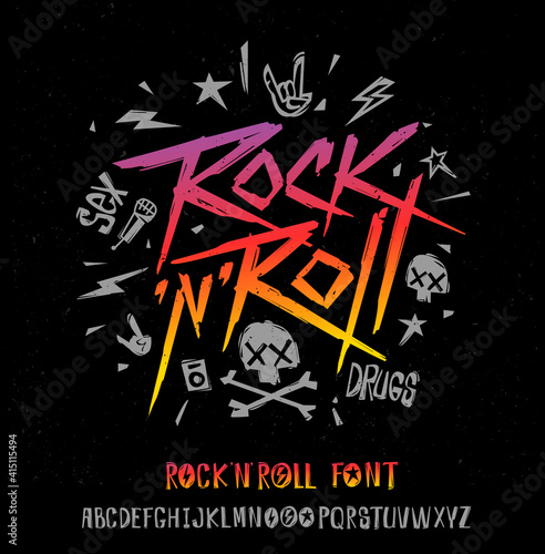 Rock n roll grunge style type font  and poster vector template. Set of Rock'n'roll music logo and vintage style font alphabet for print stump tee and poster design. Rock music hand drawn lettering