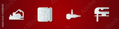 Set Electric planer tool, House intercom system, Angle grinder and jigsaw icon. Vector.