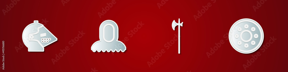 Set Medieval iron helmet, hood, halberd and Round wooden shield icon. Vector. Set Medieval iron helmet, hood, halberd and Round wooden shield icon. Vector.