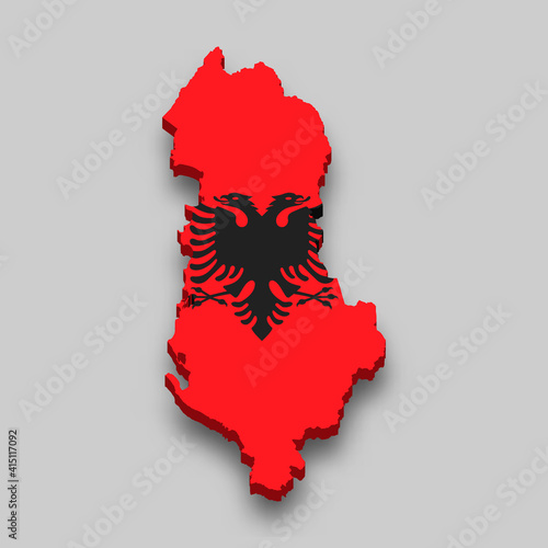 3d isometric Map of Albania with national flag.