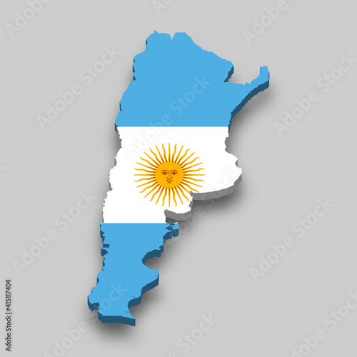 3d isometric Map of Argentina with national flag.