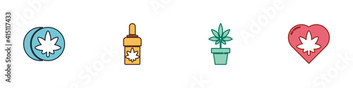 Set Herbal ecstasy tablets, Marijuana or cannabis olive oil, plant and leaf in heart icon. Vector.