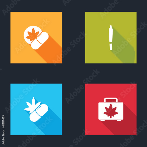 Set Herbal ecstasy tablets, Marijuana joint, Medical pills with marijuana and Shopping box of icon. Vector.