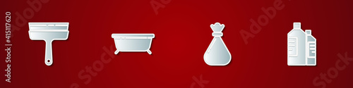 Set Rubber cleaner for windows, Bathtub, Garbage bag and Bottles cleaning agent icon. Vector.