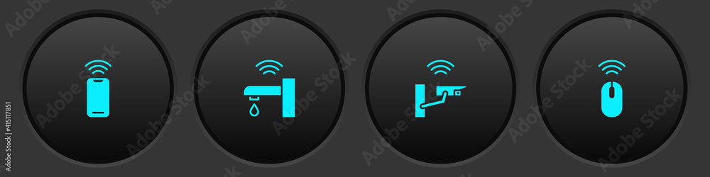 Set Wireless smartphone, Smart water tap, security camera and mouse icon. Vector.
