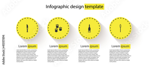 Set Hunter knife, Paw print, Bullet and Medieval spear. Business infographic template. Vector.