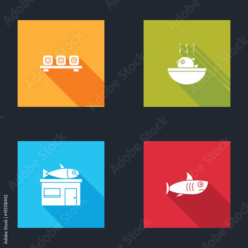 Set Sushi on cutting board, Puffer fish soup, Seafood store and Shark icon. Vector.