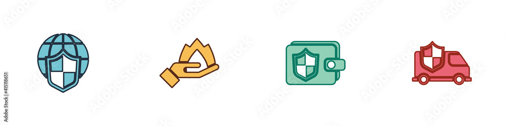 Set Shield with world globe, Hand holding a fire, Wallet shield and Car icon. Vector. Set Shield with world globe, Hand holding a fire, Wallet shield and Car icon. Vector.