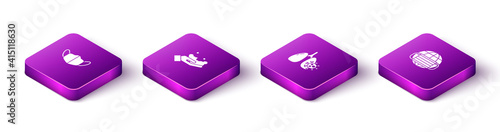 Set Isometric Medical protective mask, Washing hands with soap, Virus cells lung and Earth medical icon. Vector.