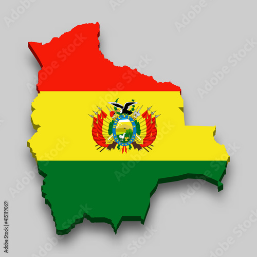 3d isometric Map of Bolivia with national flag.