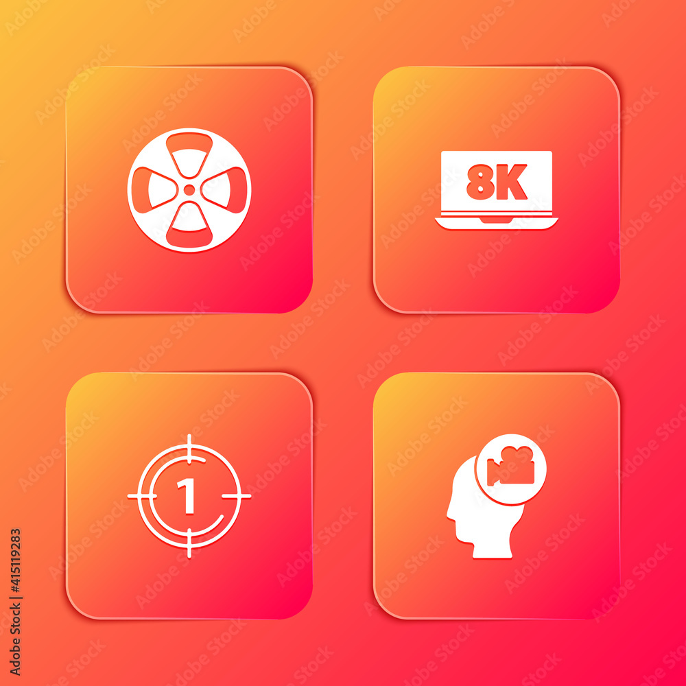 Set Film reel, Laptop with 8k, Old film movie countdown frame and Head camera icon. Vector. Set Film reel, Laptop with 8k, Old film movie countdown frame and Head camera icon. Vector.