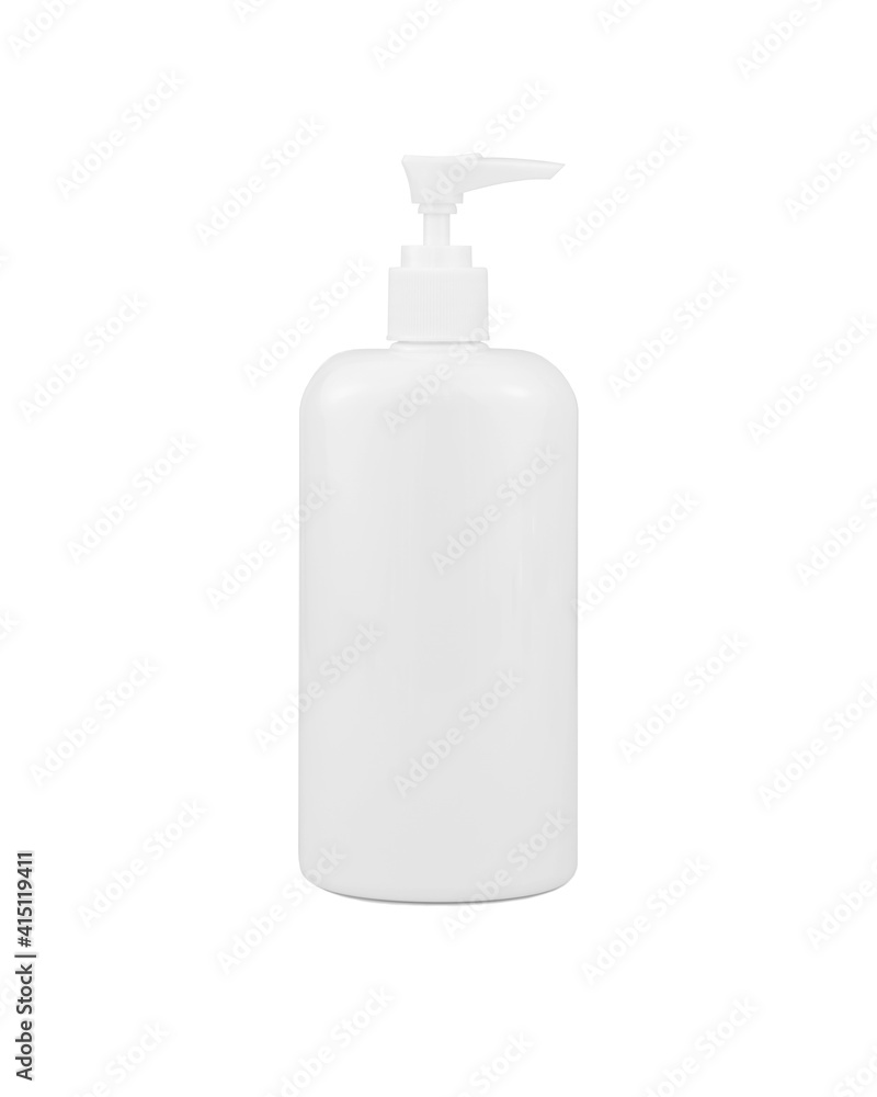 White plastic bottle with pump dispenser isolated on white background. Cosmetic packaging mock up. White plastic bottle with pump dispenser isolated on white background. Cosmetic packaging mock up.