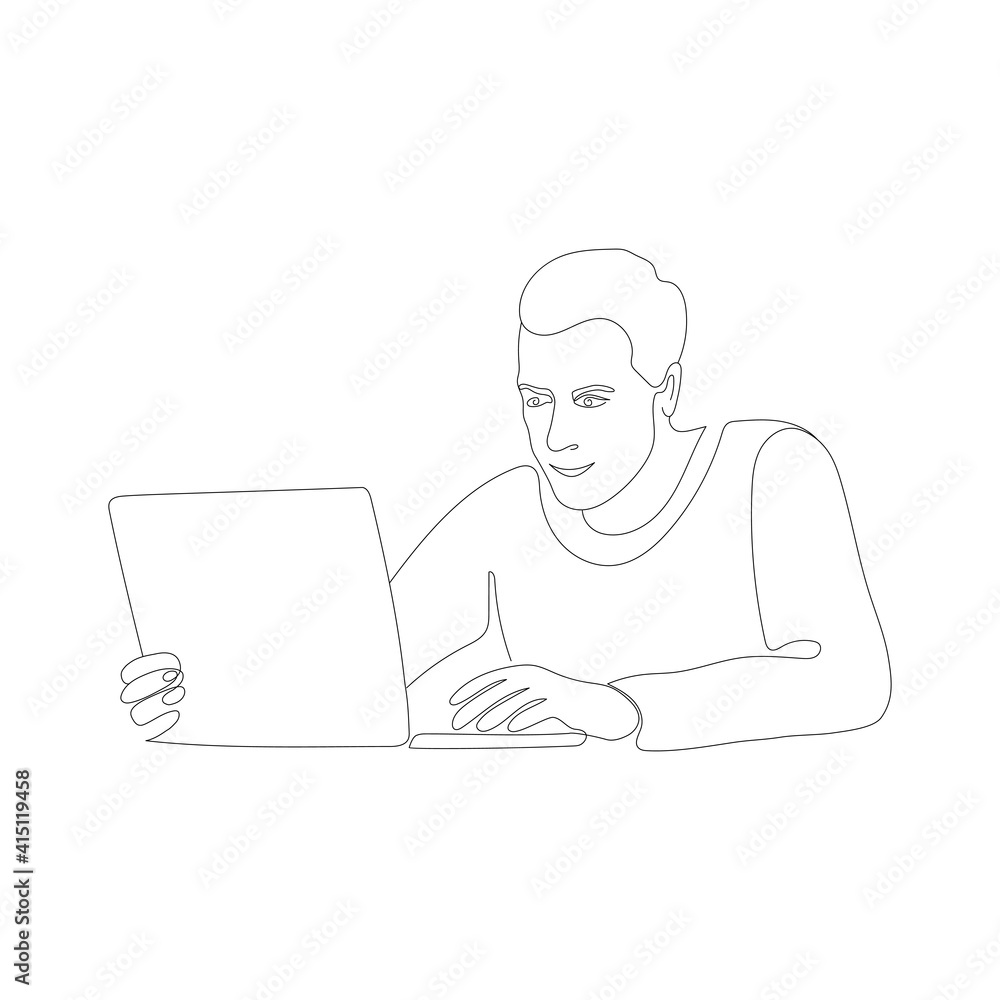 Sitting man working with laptop on table behind him. Office worker, clerk, concentrate on job, one line art sketch Sitting man working with laptop on table behind him. Office worker, clerk, concentrate on job, one line art sketch