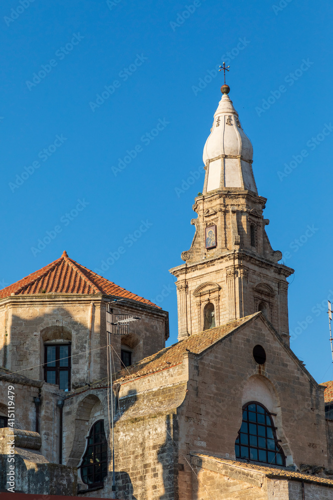 Italy, Apulia, Metropolitan City of Bari, Monopoli. Basilica of the Madonna della Madia. Bell tower.
