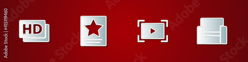 Set Hd movie, tape, frame, Hollywood walk of fame star, Online play video and Cinema chair icon. Vector.