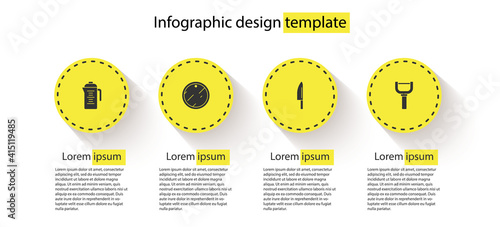 Set Teapot, Cutting board, Knife and Peeler. Business infographic template. Vector.