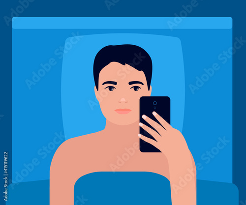 Man lying in bed with smartphone, sleepless. Young male see news in mobile phone, bad addiction. Man suffers from insomnia night. Vector illustration