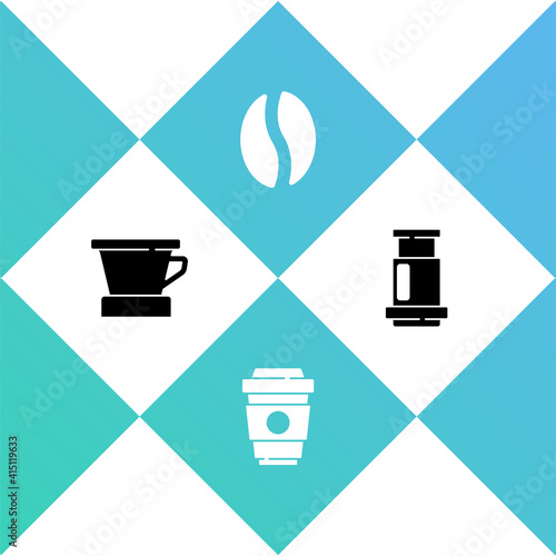 Set V60 coffee maker, Coffee cup to go, beans and Aeropress icon. Vector.